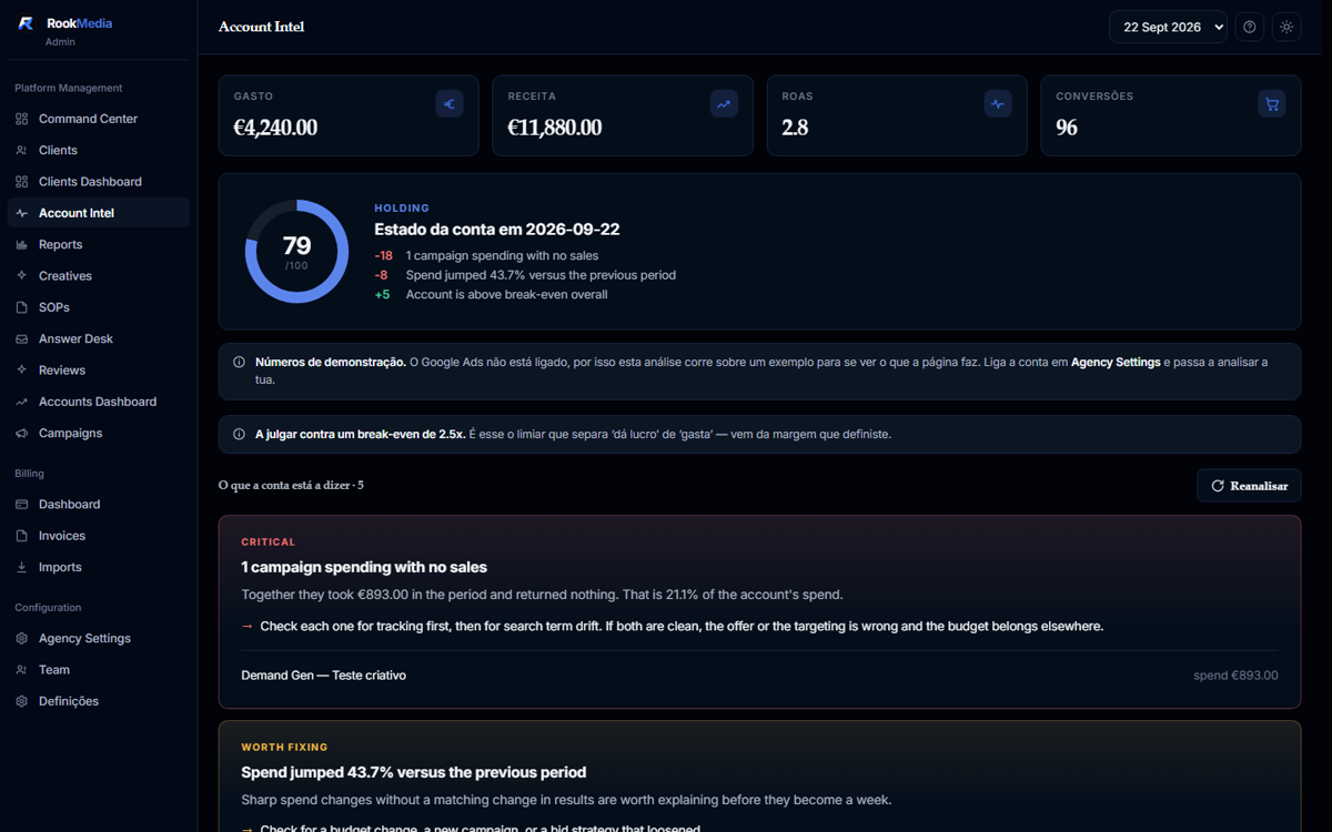 Rook Media client portal — Account Intel